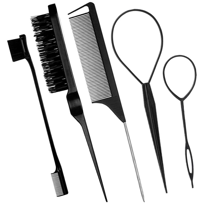 5Pcs Slick Hair Brush Set with 2Pcs Topsy Hair Tail Tool 1Pcs Bristle Teasing Hair Brushes 1Pcs Edge Brush 1Pcs Rat Tail Comb Woman,Girls,Hair Flyaways Styling,Edge&Back Combing biack