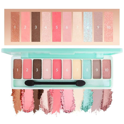 Ten-Color Eyeshadow Palette, Dark Brown Pink Brown Rose Red Yellow Sky Blue 10 Shimmer and Matte Shades, Blendable Powder, Dating Eye Makeup, Vegan and Cruelty-Free, Built-In Mirror and Brush, 05#