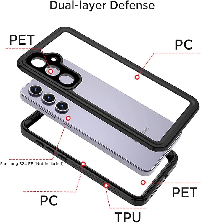 Miimall for Samsung Galaxy S24 FE Case Waterproof, IP68 Underwater, Full Heavy Duty Protection, Built-in Screen&Camera Protector, Military Shockproof Dropproof Rugged Phone Case for S24FE 6.7", Black