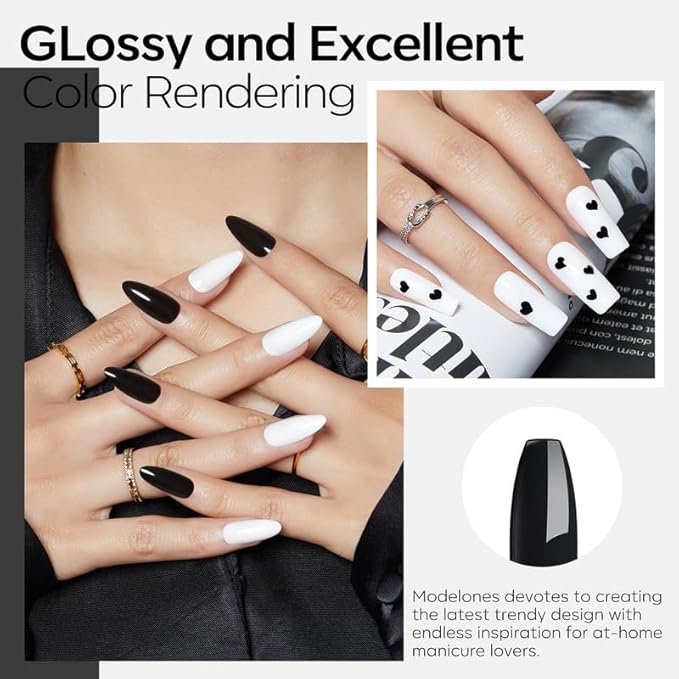 modelones Gel Nail Polish Set, 2 Pcs 15 ML Black and White Gel Polish White Black Nail Polish Soak Off LED Pastel Summer Polish Nails Art Manicure Home DIY Gift For Women Girl