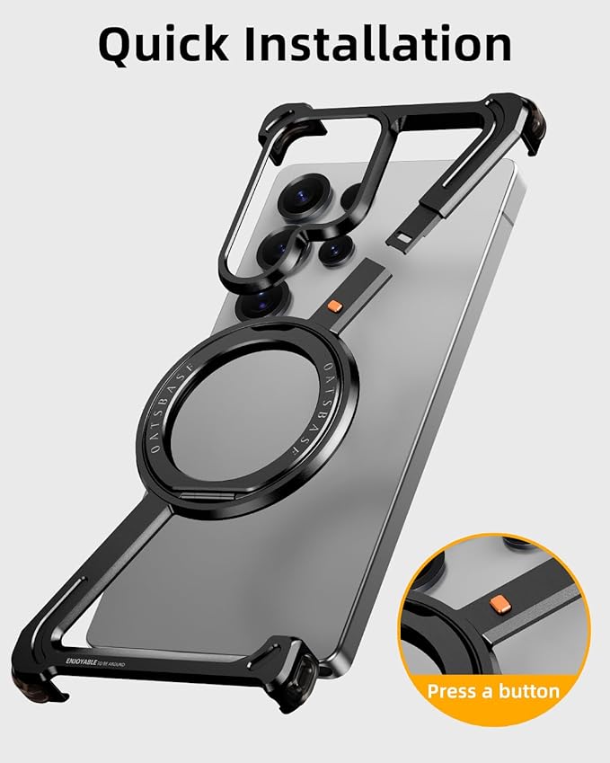 OATSBASF Minimalist Phone Case Compatible with Samsung Galaxy S25 Ultra, 360° Rotation Kickstand Aluminum Metal Frameless Design Bumper Case, Protective Shock Grade Shell, Black
