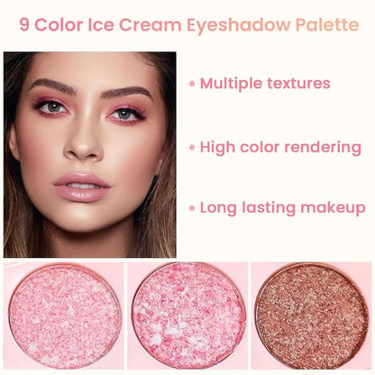 AMY'S DIARY Pink Shimmer Eye Shadow Makeup Palette 9 Colors, Highly Pigmented Matte Glitter Shimmer Pearl Waterproof Party Sparkling Eyeshadow Palette (01#)