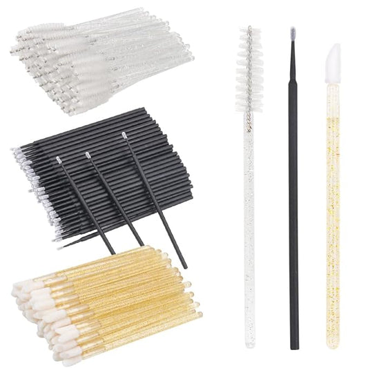 300 PCS Eyelash Extension Supplies Kit Disposable Micro Swab Brush Eyebrow Spoolies Lip Stick Brush Mascara Wand Applicator Makeup Brush Tool (White Black Gold Sets)