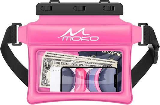 MoKo Waterproof Phone Pouch Fanny Pack, Floating Dry Bag for Swimming Kayaking Snorkeling, Compatible with iPhone 14 13 12 11 Pro Max X/Xr/Xs Max, Galaxy S21 Ultra/S9/Note 10 Plus, Magenta