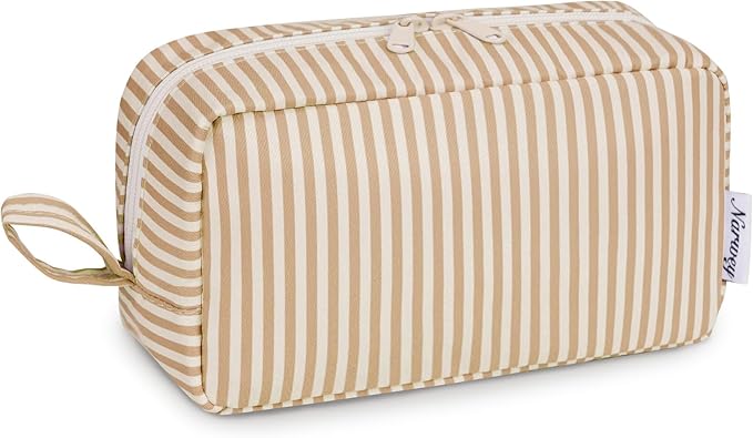Narwey Cute Makeup Bag Small Toiletry Bag Travel Cosmetic Bag Organizer Make Up Bags with Organized Pockets for Women (Brown Stripe, Large)