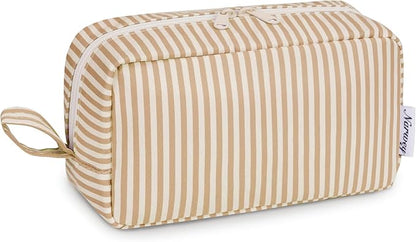 Narwey Cute Makeup Bag Small Toiletry Bag Travel Cosmetic Bag Organizer Make Up Bags with Organized Pockets for Women (Brown Stripe, Large)
