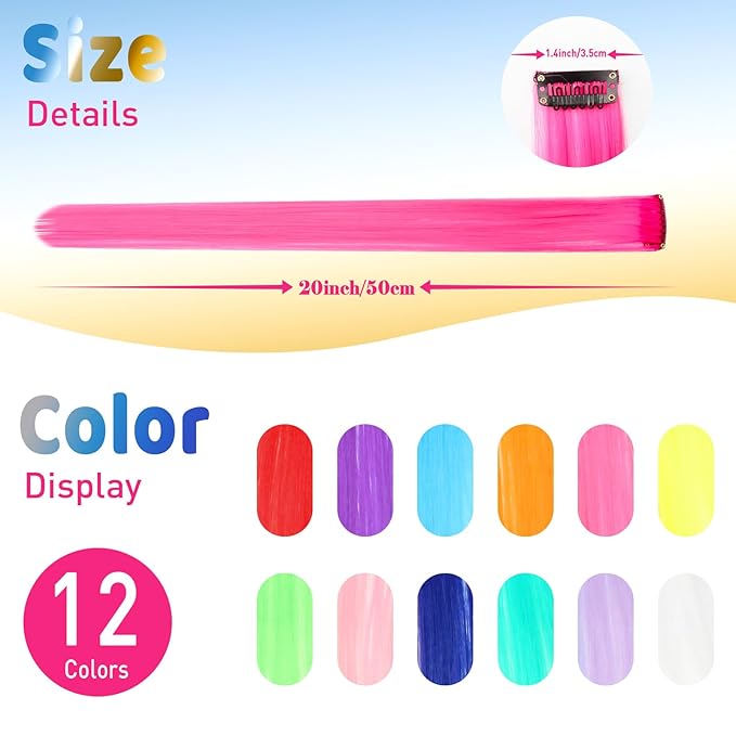 12 PCS Colorful Hair Extensions Clip in, 20 Inch Colored Hair Accessories, Party Highlights Long Straight Synthetic Hairpieces for Women Kids Girls (Rainbow)