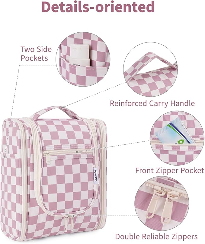 Narwey Small Checked Hanging Travel Toiletry Bag for Women, Travel Bag for Toiletries, Makeup Bag Organizer Cosmetic Bags Make Up Bags for Women (Dusty Rose Checkerboard)