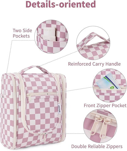 Narwey Small Checked Hanging Travel Toiletry Bag for Women, Travel Bag for Toiletries, Makeup Bag Organizer Cosmetic Bags Make Up Bags for Women (Dusty Rose Checkerboard)