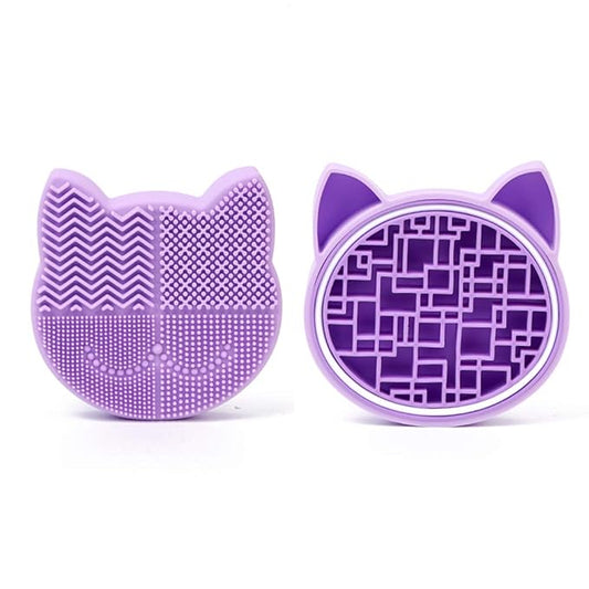 Silicon Makeup Brush Cleaner Mat with Portable Cat Shaped Cosmetic Brush Cleaner Pad - Lavender