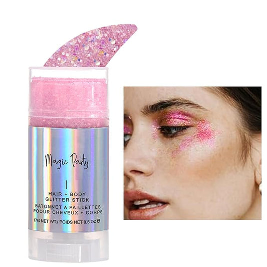 Holographic Flash Stick, Cosmetics-Body, Face, Eyes, Hair, Nail Makeup, Colorful Stage Makeup, Party Carnival Shining Glitter, Festival Loose Glitter Set (05# Pink)