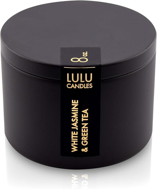 Lulu Candles | White Jasmine & Green Tea Scented Candle | Smells Floral & Calming | Luxury Scented Soy Tin Candle | Hand Poured in The USA | Highly Scented & Long Lasting (8 Oz. Tin)