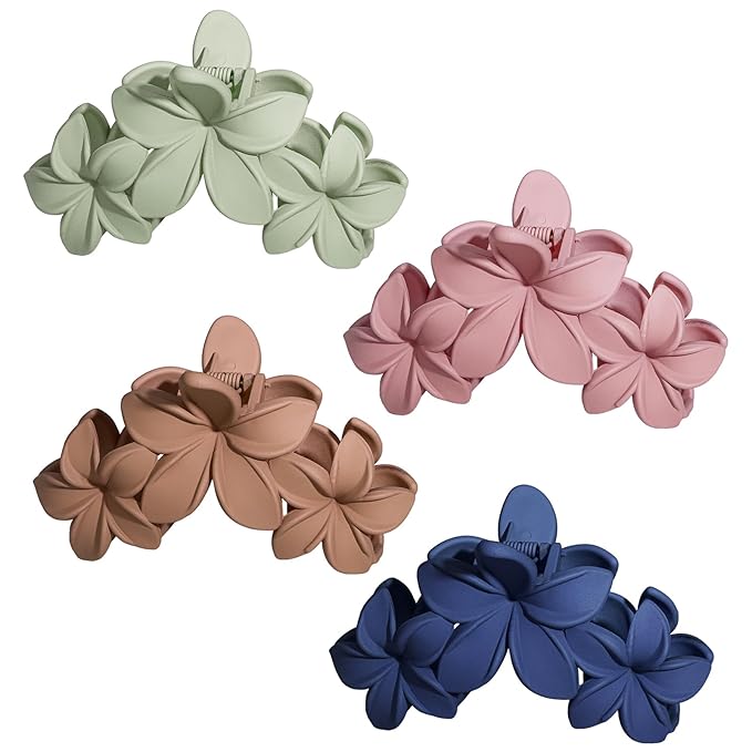 4PCS Plumeria Hawaiian Flower Claw Clips - Large Strong Hold Beach Hair Accessories for Thick Hair (Colorful)
