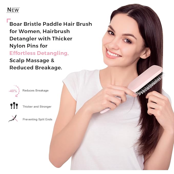 Boar Bristle Paddle Hair Brush for Women, Hairbrush Detangler with Thicker Nylon Pins for Effortless Detangling, Scalp Massage & Reduced Breakage – Suitable for All Hair Types