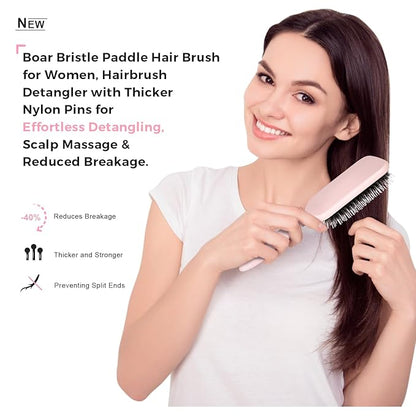 Boar Bristle Paddle Hair Brush for Women, Hairbrush Detangler with Thicker Nylon Pins for Effortless Detangling, Scalp Massage & Reduced Breakage – Suitable for All Hair Types