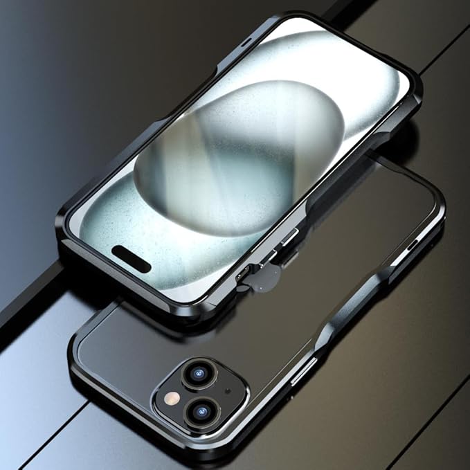 HENGHUI Aluminum Bumpers for iPhone 15 Plus Bumper Case with Strap Hole Metal Frame Bumper Cover Shock Absorbent Slim Cool Design (Black)