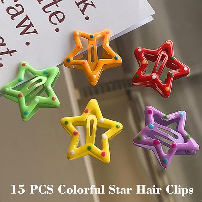 15 PCS Metal Hair Barrettes - Non-Slip 1.22" Star Snap Hair Clips for Girls, Women, and Children - Multicolor Hair Accessories