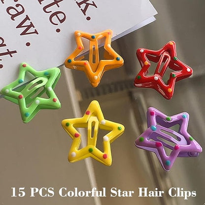15 PCS Metal Hair Barrettes - Non-Slip 1.22" Star Snap Hair Clips for Girls, Women, and Children - Multicolor Hair Accessories