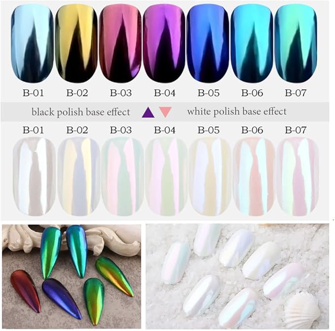 7 Colors White Pearl Chrome Nail Powder Aurora Metallic Nail Powder Holographic Mirror Effect Chrome Powder Iridescent Shell Powder Glitter Nail Art Pigment Manicure for Nails (White Pearl)