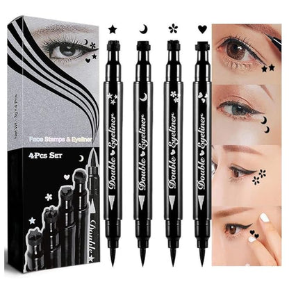 4Pcs Dual-Ended Black Liquid Eyeliners Pack with Face Stamps – Star Moon Flower Heart Stamps for Cosplay & Gothic Makeup,Fine Tip, Smudge-resistant – Beginner-Friendly (4Pcs-Black-set03)