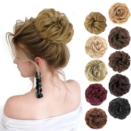 MORICA 1PCS Messy Hair Bun Hair Scrunchies Extension Curly Wavy Messy Bun Hair Synthetic Chignon Hairpieces for Women (27/24# (Strawberry Blonde & Bleach Blonde))