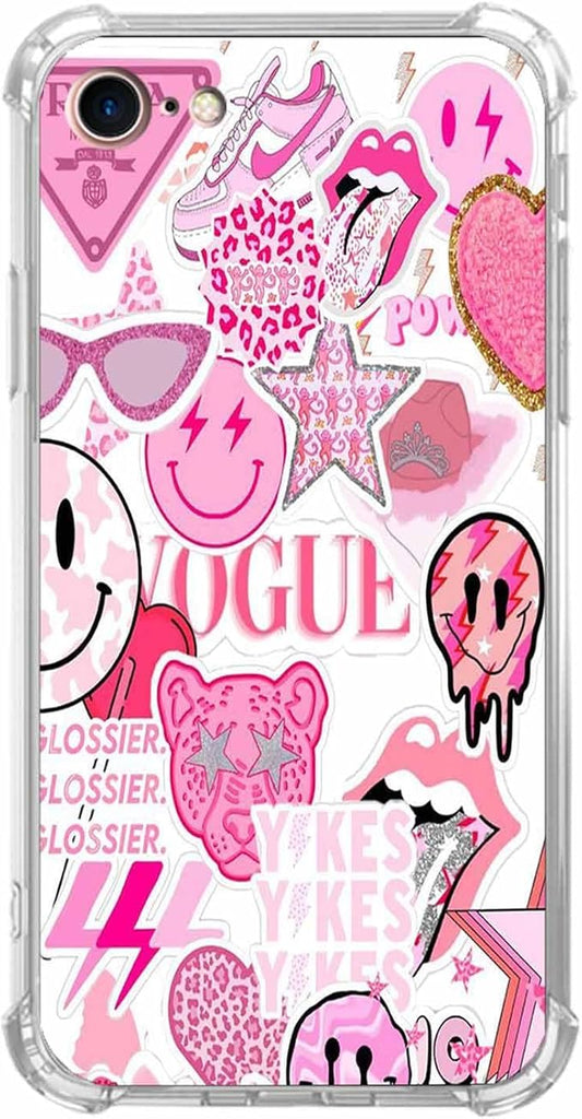Case for iPhone SE3/SE2/8/7 with Pink Design,Aesthetic Hippie Indie Popular Elements Pattern,Shockproof Soft TPU Bumper Phone Cover(SE,Pink)
