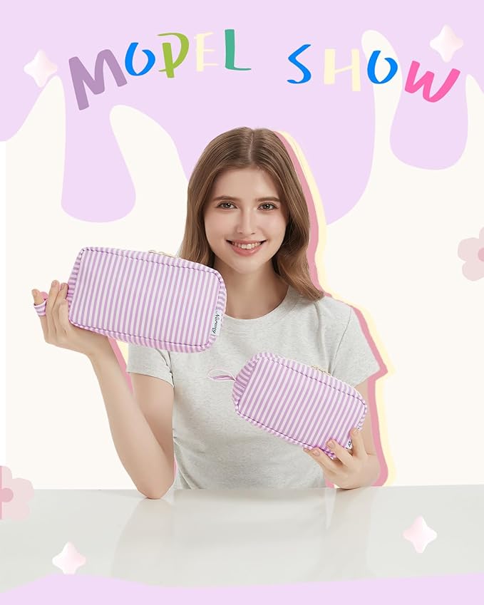 Narwey Small Makeup Bag for Purse Travel Makeup Pouch Mini Cosmetic Bag Zipper Pouch for Women (Purple Stripe, Small)