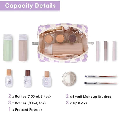 Narwey Small Checkered Makeup Bag for Purse Mini Cosmetic Bag Travel Makeup Pouch Zipper Pouch Cute Make up Bags with Compartments for Women Girls (Purple Checkerboard, Small)