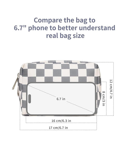Narwey Small Checkered Makeup Bag for Purse Mini Cosmetic Bag Travel Makeup Pouch Zipper Pouch Cute Make up Bags with Compartments for Women Girls (Grayish Blue Checkerboard, Small)