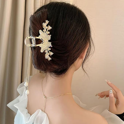 1 Pack Big Butterfly Hair Claw Clip Metal Gold Hair Clips Crystal Rhinestone Butterfly Claw Clips Lily of the Valley Pearl Tassel Design Non Slips Hair Accessories for Women Wedding Birthday Decor