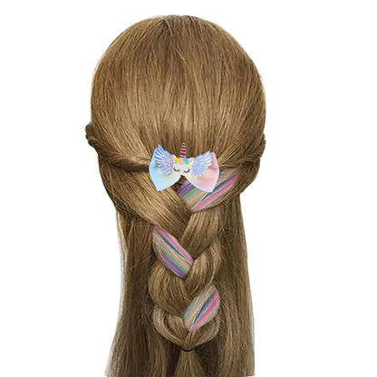 6 Set Rainbow Colored Straight Hair Clips with Unicorn Accessories - Thick Wig Bangs and Ponytail Extensions for Girls