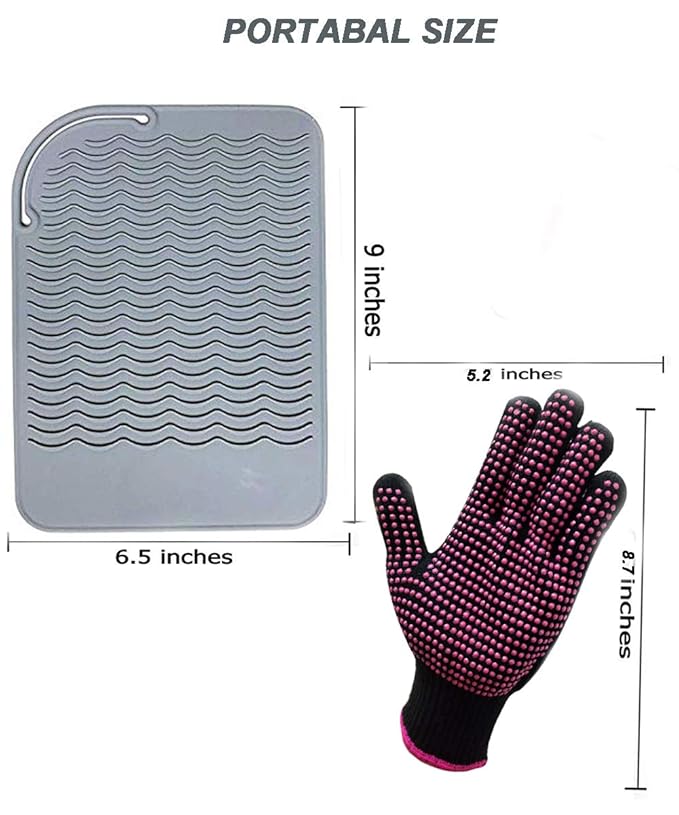 Heat Resistant Glove with Silicone Bump Mat for Curling Iron, Hair Straightener, Flat Irons - 9 x 6.5 Food Grade Mat, Grey