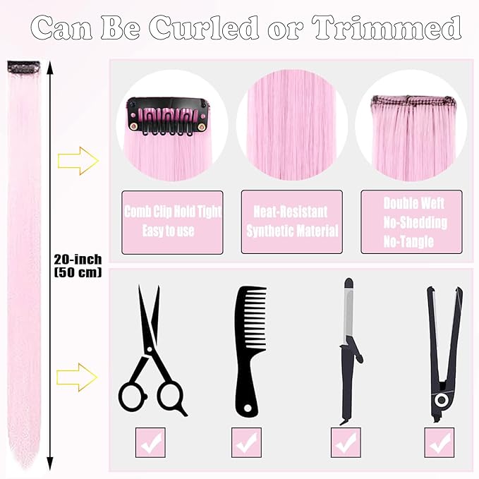 20 Inch Colored Light Pink Hair Extensions Party Highlights, Straight Hairpiece Clip in Synthetic Hair Extensions for Kids Girls (12 Pcs Light Pink)