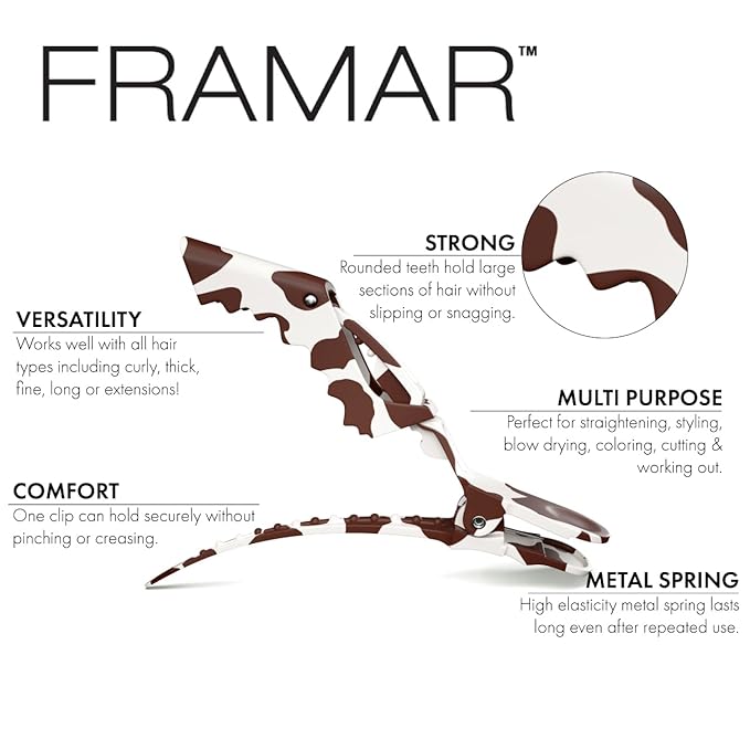 FRAMAR Cow Print Alligator Clips For Hair Styling – Professional Alligator Hair Clips For Women, Western Hair Clip For Women, Cow Print Hair Clips For Styling, Cow Print Stuff – Matte – 4 Pc