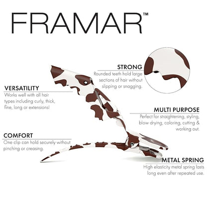 FRAMAR Cow Print Alligator Clips For Hair Styling – Professional Alligator Hair Clips For Women, Western Hair Clip For Women, Cow Print Hair Clips For Styling, Cow Print Stuff – Matte – 4 Pc