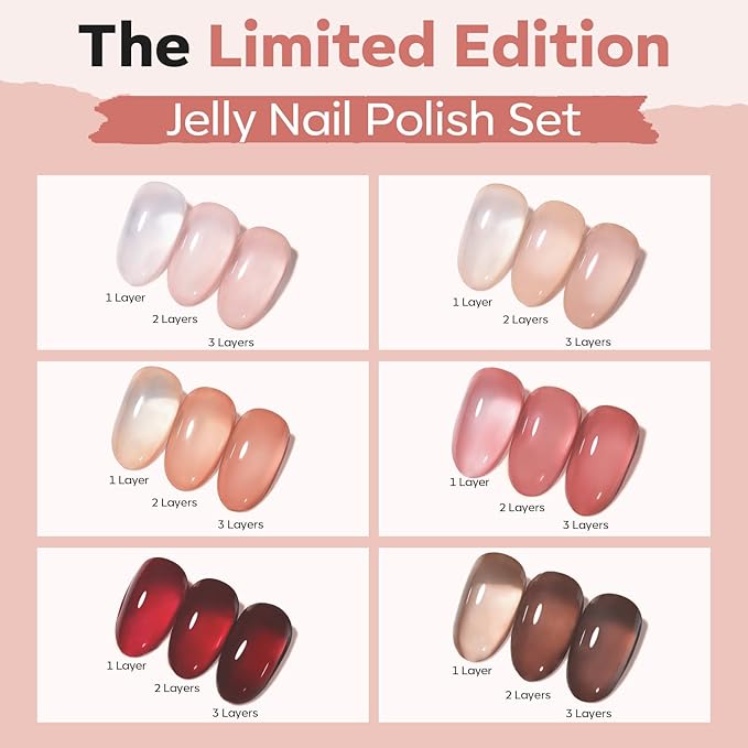 modelones Jelly Nail Polish of 6 Colors Sheer Nude Mini Nail Polish Set Natural Jelly Red Pink Brown Colors Quick Dry Nail Polish Kit for DIY Easter Nail Art Salon Home Gift for Women Girl