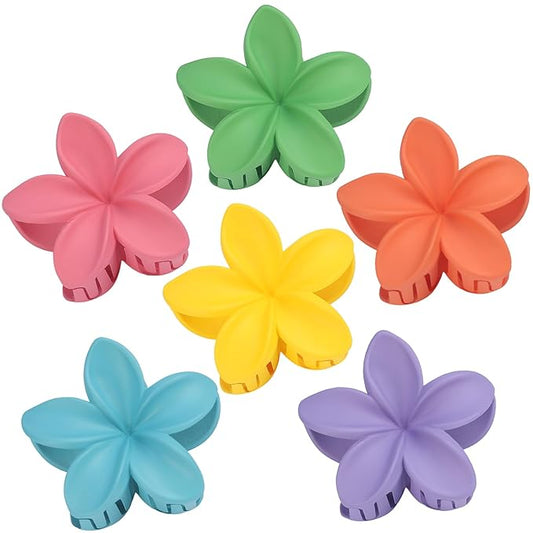 Hawaiian Plumeria Hair Accessories - 6 Pack Large Claw Clips for Thick and Thin Hair, Beach Tropical Hair Clips for Women and Girls -Dopamine