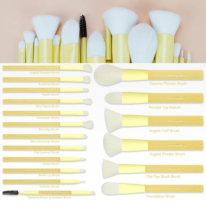 18pcs Colorful Makeup Brush Set with Make up Bag and Sponge Applicators for Liquid Foundation - Professional Cosmetics Tools Blush Blending Blender Brushes Gift Pack (Yellow)