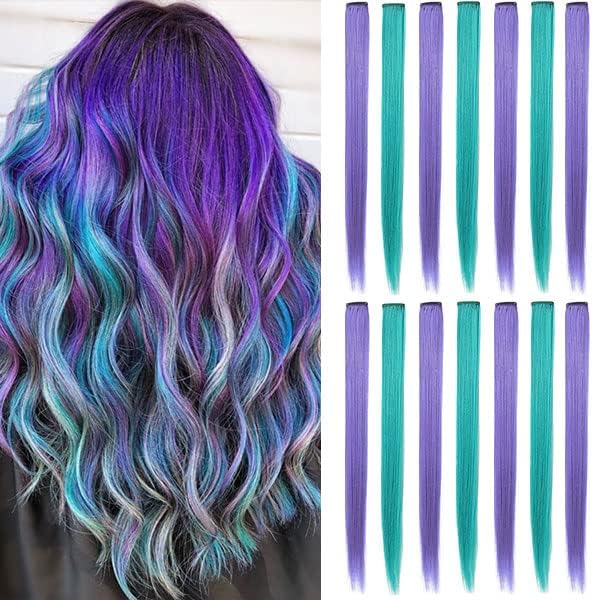 20 Inch Colored Party Highlights Straight Hair Clip Extensions Heat-Resistant Synthetic Hair Extensions in Multiple Colors 12PCS(Teal Lavender)