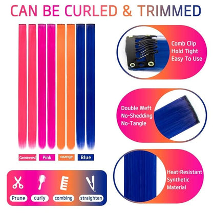 20 Packs Colored Hair Extensions 20Inch Straight Multi-Colors Party Highlights Clip In Hair Extension Synthetic Rainbow Hairpieces for Girls Kids Gift(Rose Red, Blue, Pink, Orange)
