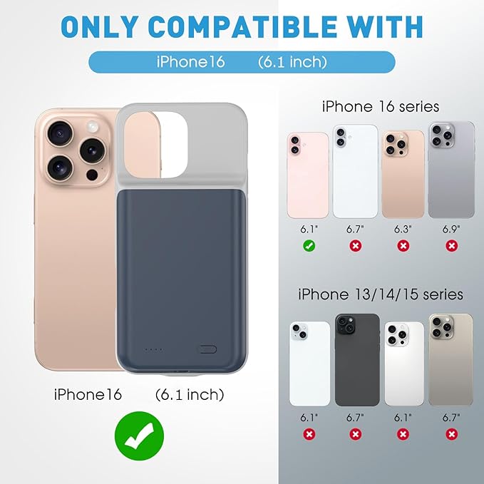 2025 New Upgraded 7000 mAh Travel Battery Case for iPhone 16 6.1inch, Extra Battery Life 15W Fast Charging External Rechargeable Portable Charging Case with HD Tempered Protective Film Blue
