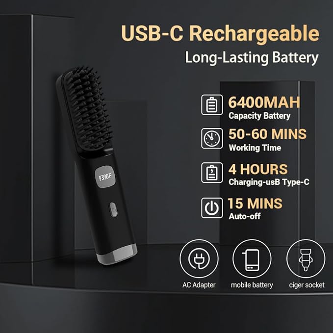 Cordless Hair Straightener Brush Portable on The go Comb for Travel 30s Fast Heating USB Rechargeable Dual Power Supply LCD Display with Pouch (Black)