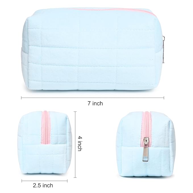 2 Pieces Makeup Bag Cute Cosmetic Bag Plush Pink Blue Checkered Makeup Pouch Coquette Travel Toiletry Bag Organizer Fluffy Makeup Brushes Puffy Storage Bag for Women
