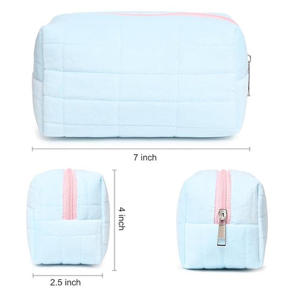 2 Pieces Makeup Bag Cute Cosmetic Bag Plush Pink Blue Checkered Makeup Pouch Coquette Travel Toiletry Bag Organizer Fluffy Makeup Brushes Puffy Storage Bag for Women