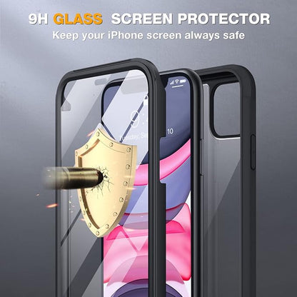 Miracase Glass Series Designed for iPhone 11 Case [2023 Upgraded] Full-Body Rugged Bumper Case with Built-in 9H Tempered Glass Screen Protector and Camera Protector (Black)