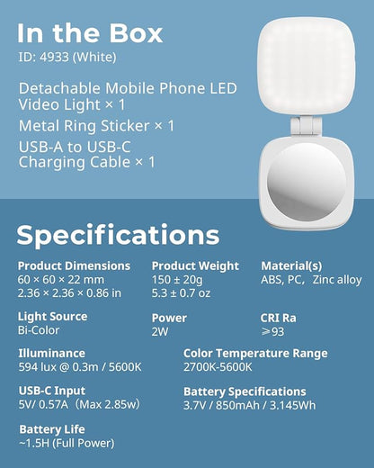 SmallRig Magnetic Selfie Light for iPhone, Phone Light with a Mirror, Instant Attachment for MagSafe, for Selfies, Video Conference, Vibe P48 White
