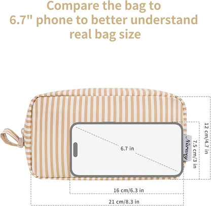 Narwey Cute Makeup Bag Small Toiletry Bag Travel Cosmetic Bag Organizer Make Up Bags with Organized Pockets for Women (Brown Stripe, Large)