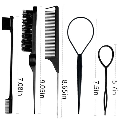 5Pcs Slick Hair Brush Set with 2Pcs Topsy Hair Tail Tool 1Pcs Bristle Teasing Hair Brushes 1Pcs Edge Brush 1Pcs Rat Tail Comb Woman,Girls,Hair Flyaways Styling,Edge&Back Combing biack
