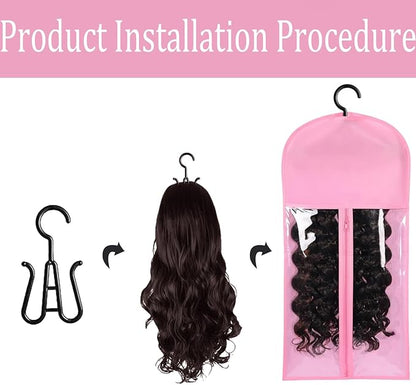 3PCS wig Hanger Hair Extension Holder Wig Storage for Multiple Wigs Bags Storage with Hanger Wig Holder Dust-proof Hair Extension Storage with Hook hair extensions, wigs & accessories (Pink)
