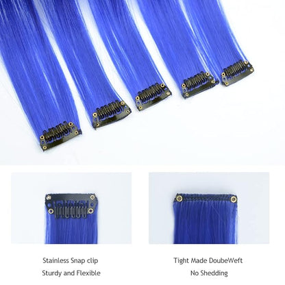 22” Colored Clip in Hair Extensions Blue Straight Hair Extensions Clip in for Kids Multi-Colors Party Highlights Hairpieces(Blue,Pink)